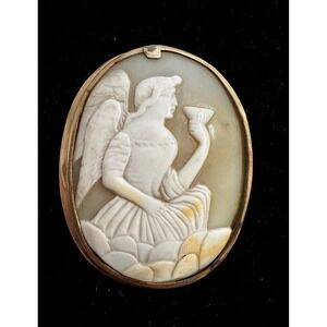 Antique Victorian 14k Gold Cameo Brooch Angel w/ Bird 2.5"